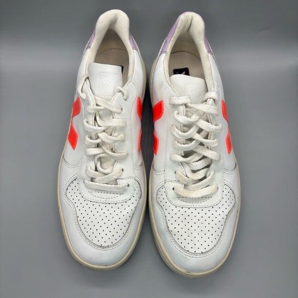 Veja x Madewell V-10 Leather Sneakers Women’s Size 6 Lilac Neon Orange Leather - Picture 3 of 10